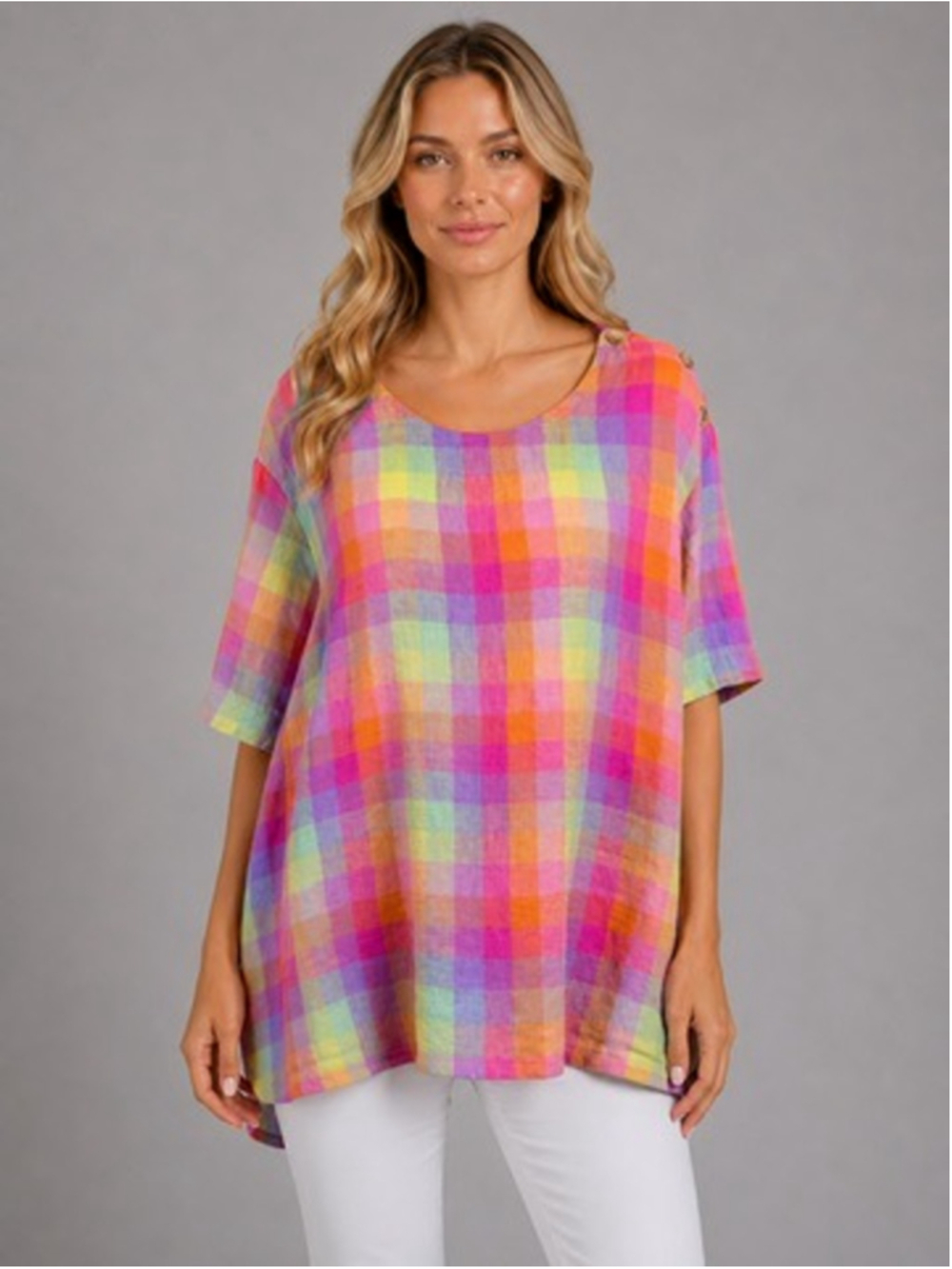 Lands End 100% Linen Madras Plaid Gingham Short Sleeve Tunic Top Beach Size 3X